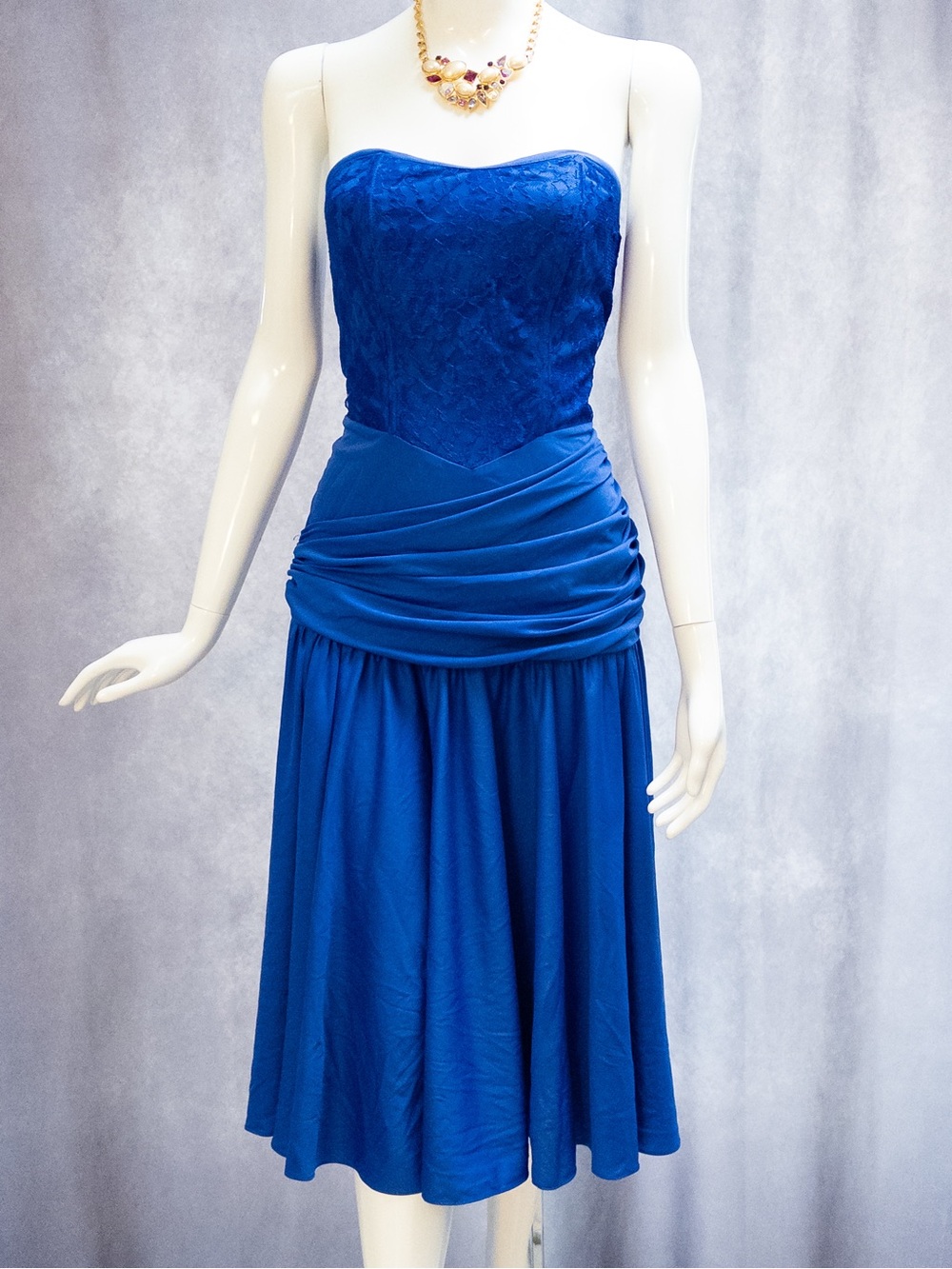 Vintage Wild Dress Royal Blue Strapless Lace‎ Bodice Dress Size S